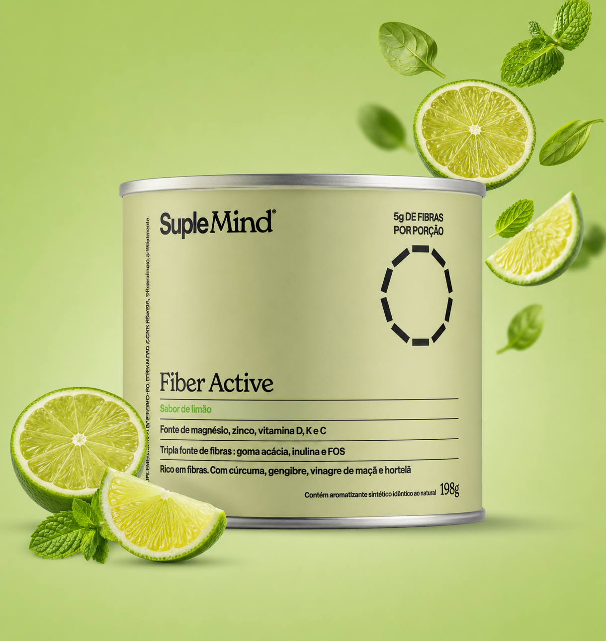 Fiber Active SupleMind — embalagem de fibras digestivas sobre fundo clean