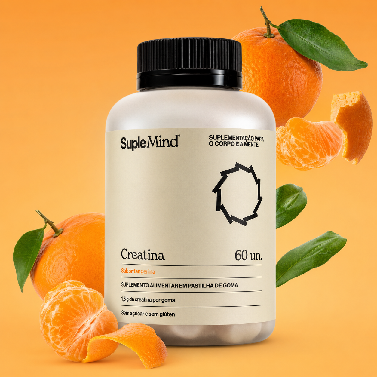 Creatina Gummy SupleMind sabor Tangerina — pote branco sobre fundo neutro