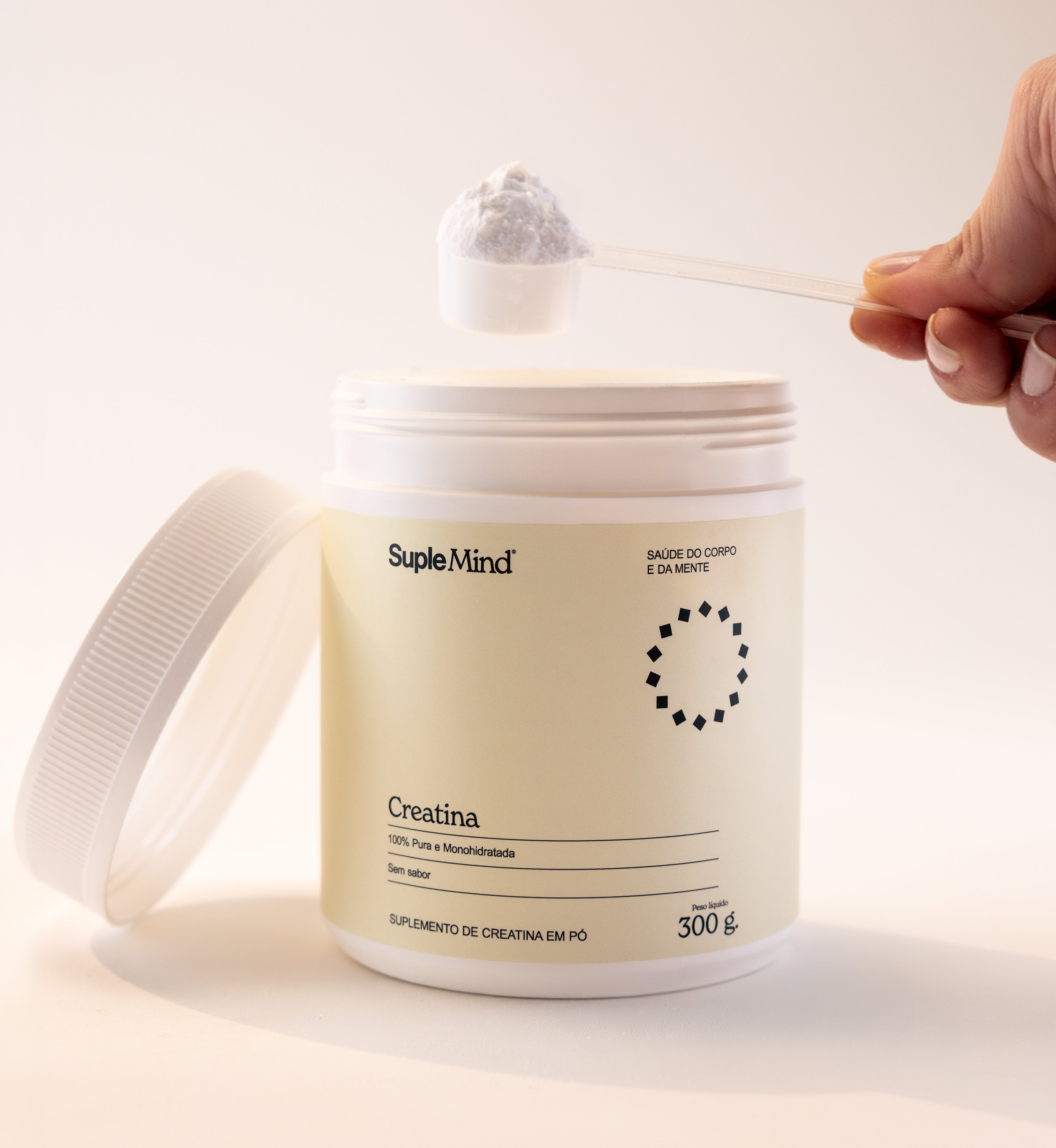 Creatina em Pó SupleMind 300g — pote branco sobre fundo neutro