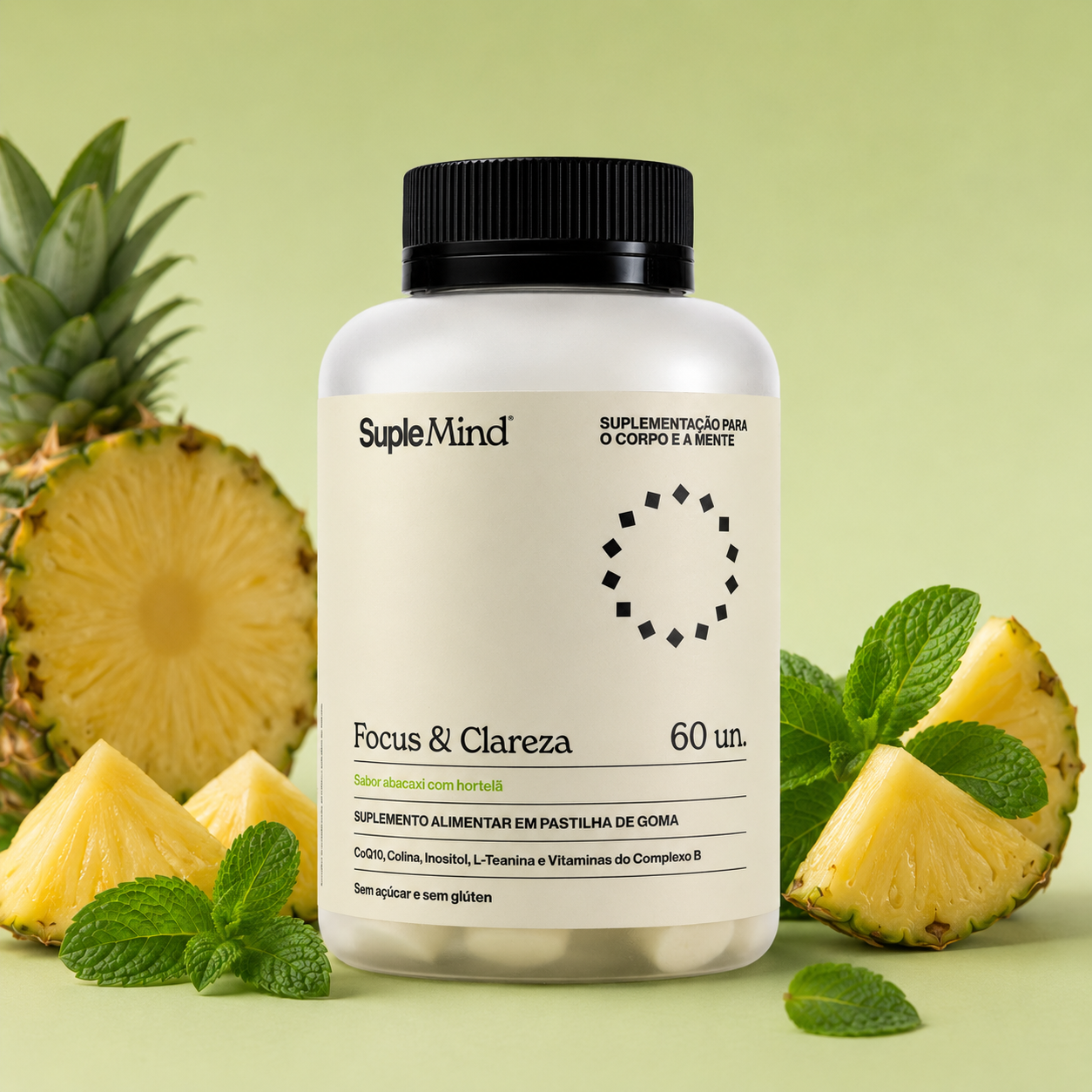 Focus & Clareza SupleMind sabor Abacaxi com Hortelã — pote branco fundo clean