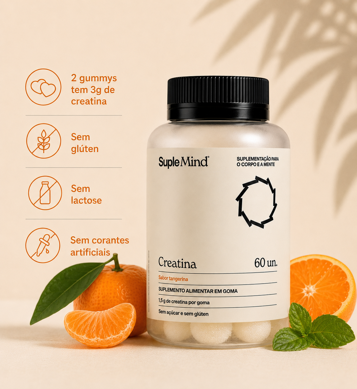 Creatina Gummy SupleMind Tangerina — vegano, sem açúcar, 30 gummies por pote