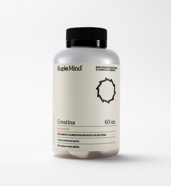Creatina Gummy SupleMind sabor Tangerina — pote branco sobre fundo neutro